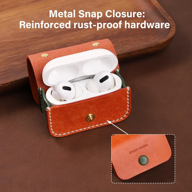 Alt view image 7 of 7 - Handmade Cowhide Headphone case Suitable for AirPods Pro 3 Leather Case, Full Grain Leather, Minimalist Design, with Lanyard Compatible (Orange+Green)