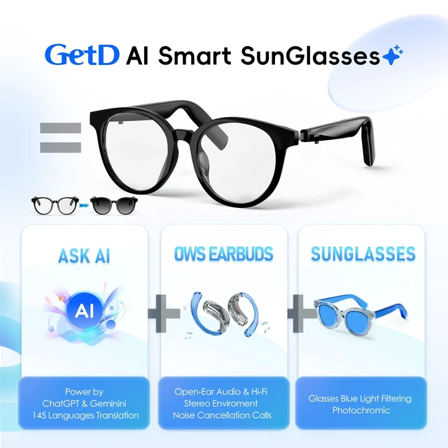 Alt view image 2 of 7 - AI Glasses for Men & Women, Smart Glasses Powered by ChatGPT with 145-Language Translation,Bluetooth 5.4 Glasses, Polarized & Photochromic Lenses, 11H Music Play for Driving and Daily Use