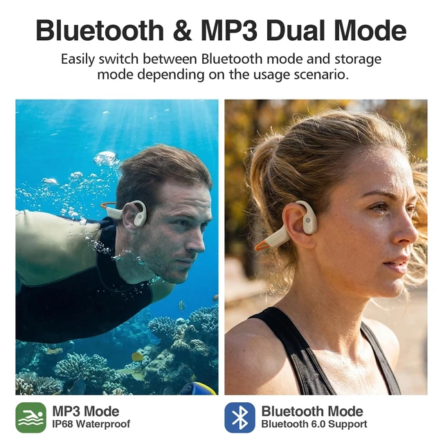 Alt view image 5 of 7 - Diving & Swimming Bone Conduction Headphones IP68 Waterproof, Open-Ear, Built-in MP3 & Bluetooth 6.0, Magnetic Charging, TUV Certified 10m Diving, 15H Playback Orange
