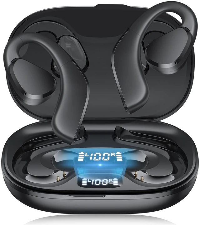Main image of Open Ear Headphones, Bluetooth 5.3 Open Ear True Wireless Earbuds, Sports Earbuds with Earhooks, 60H Playtime, Wireless Charging Case & LED Display, IP66, Running Workout (Black)