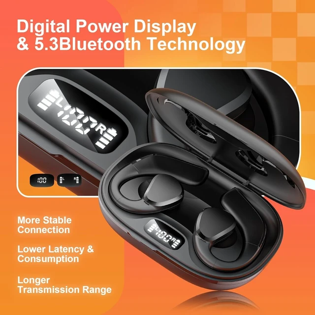 Alt view image 5 of 6 - Open Ear Headphones, Bluetooth 5.3 Open Ear True Wireless Earbuds, Sports Earbuds with Earhooks, 60H Playtime, Wireless Charging Case & LED Display, IP66, Running Workout (Black)