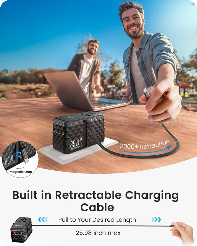 Alt view image 3 of 7 - 85W Universal Travel Power Adapter with Retractable USB C Cable GaN International Travel Adapter with 1 USB-A & 3 Type C Fast Charging, Worldwide Plug Adaptor for US to EU UK Type C/G/A/I