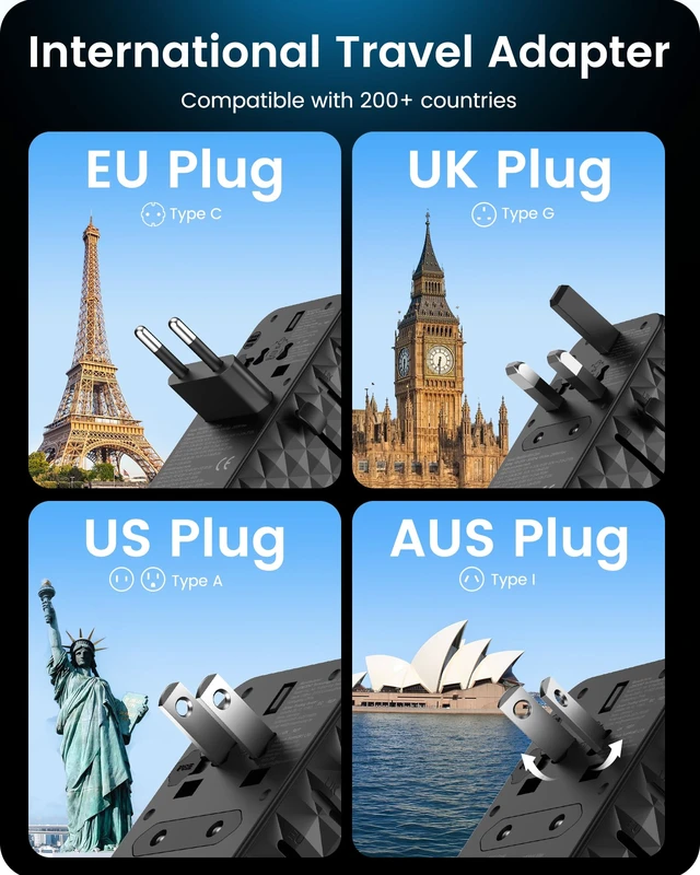 Alt view image 2 of 7 - 85W Universal Travel Power Adapter with Retractable USB C Cable GaN International Travel Adapter with 1 USB-A & 3 Type C Fast Charging, Worldwide Plug Adaptor for US to EU UK Type C/G/A/I