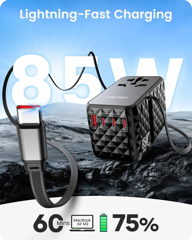 Alt view image 4 of 7 - 85W Universal Travel Power Adapter with Retractable USB C Cable GaN International Travel Adapter with 1 USB-A & 3 Type C Fast Charging, Worldwide Plug Adaptor for US to EU UK Type C/G/A/I