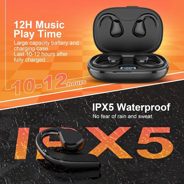 Alt view image 6 of 6 - Open Ear Headphones, Bluetooth 5.3 Open Ear True Wireless Earbuds, Sports Earbuds with Earhooks, 60H Playtime, Wireless Charging Case & LED Display, IP66, Running Workout (Black)