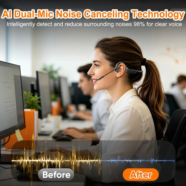 Alt view image 3 of 7 - Wireless Bone Conduction Headphones Bluetooth with Microphone Noise Canceling, Wireless Bluetooth Headset with Mic Boom & USB Dongle for PC Work Calls
