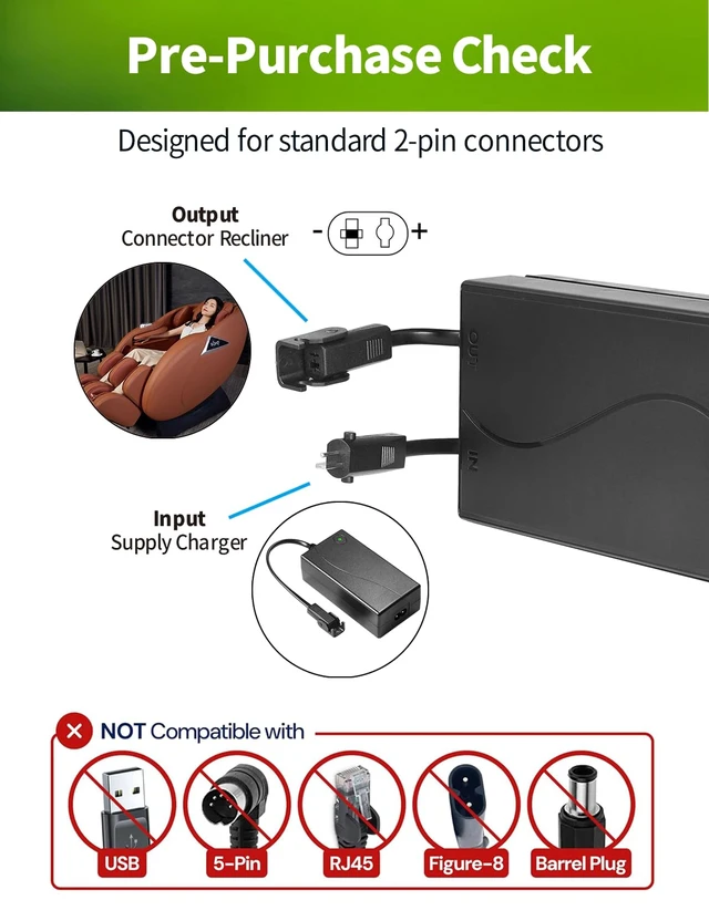 Alt view image 2 of 7 - Battery Pack for Reclining Furniture, 2500mAh Universal Wireless Power Recliner Battery Rechargeable with 2-Pin Electric Cord for Electric Recliner, Lift Chairs, Sofas (Charger Not Included)