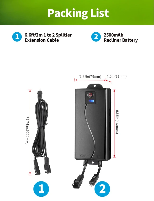 Alt view image 6 of 7 - Battery Pack for Reclining Furniture, 2500mAh Universal Wireless Power Recliner Battery Rechargeable with 2-Pin Electric Cord for Electric Recliner, Lift Chairs, Sofas (Charger Not Included)