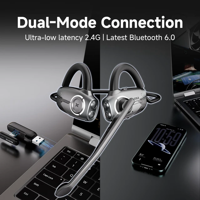 Alt view image 3 of 6 - Open Ear Gaming Headphones with Mic, Dual-Mode Wireless, BT6.0/2.4GHz, Ultra-Low Latency for Daily, Workout & Gaming, 20H Battery, Fast Charge, for PS5/PS4/Switch/PC/Mobile Black