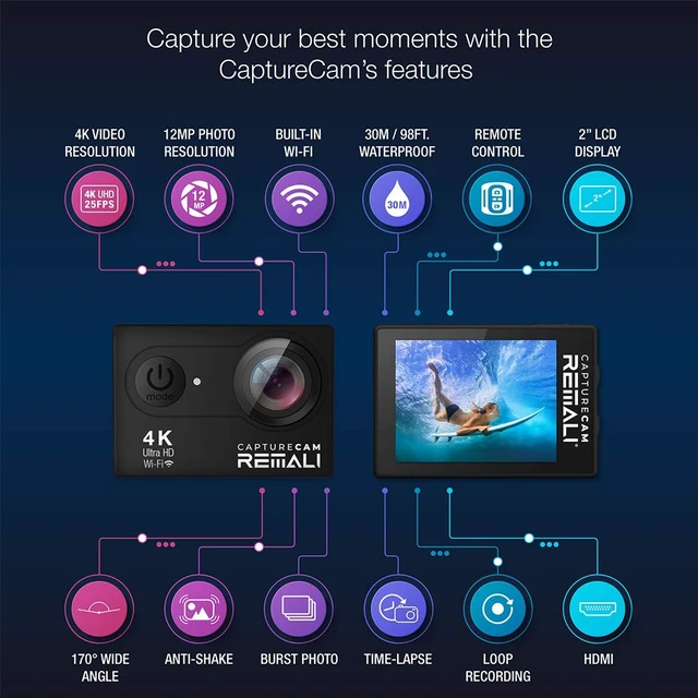 Alt view image 3 of 7 - CaptureCam 4K60FPS Waterproof Action Camera 21-Piece Complete Kit and 3 Batteries Amazing Family Sports Camera that Captures Best Moments Great for Baseball, Fishing & Travel Adventures