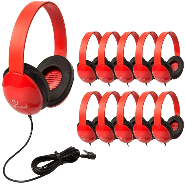 Main image of Heavy-Duty Kids' Headphones with Padded Ear Cups and 6' Cord, Adjustable Tangle-Free Plastic Classroom Headphones for Kids, Pack of 10, Red