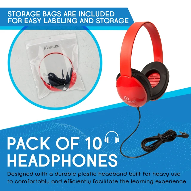 Alt view image 3 of 7 - Heavy-Duty Kids' Headphones with Padded Ear Cups and 6' Cord, Adjustable Tangle-Free Plastic Classroom Headphones for Kids, Pack of 10, Red