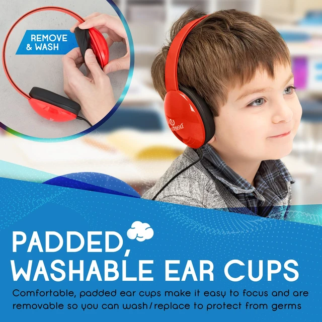 Alt view image 4 of 7 - Heavy-Duty Kids' Headphones with Padded Ear Cups and 6' Cord, Adjustable Tangle-Free Plastic Classroom Headphones for Kids, Pack of 10, Red