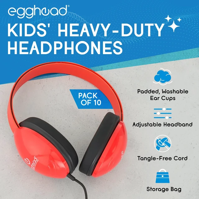 Alt view image 2 of 7 - Heavy-Duty Kids' Headphones with Padded Ear Cups and 6' Cord, Adjustable Tangle-Free Plastic Classroom Headphones for Kids, Pack of 10, Red