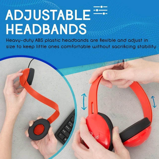 Alt view image 6 of 7 - Heavy-Duty Kids' Headphones with Padded Ear Cups and 6' Cord, Adjustable Tangle-Free Plastic Classroom Headphones for Kids, Pack of 10, Red