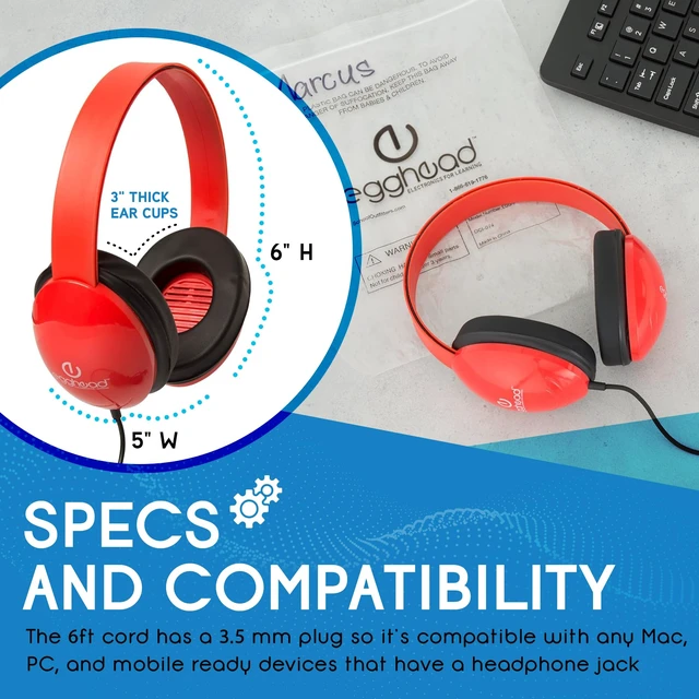Alt view image 7 of 7 - Heavy-Duty Kids' Headphones with Padded Ear Cups and 6' Cord, Adjustable Tangle-Free Plastic Classroom Headphones for Kids, Pack of 10, Red