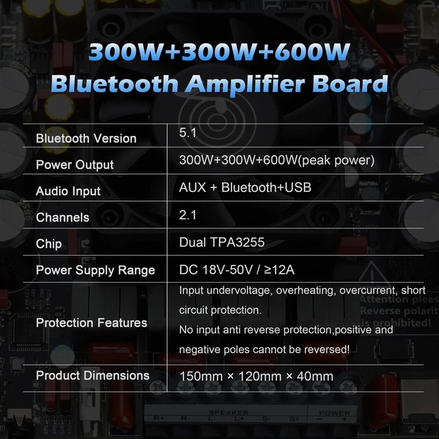 Alt view image 5 of 6 - ZK-AS21P Bluetooth Amplifier Board 300W+300W+600W Output, 18-50V DC Wide Voltage Input, Vehicle Amplifier (External Potentiator)