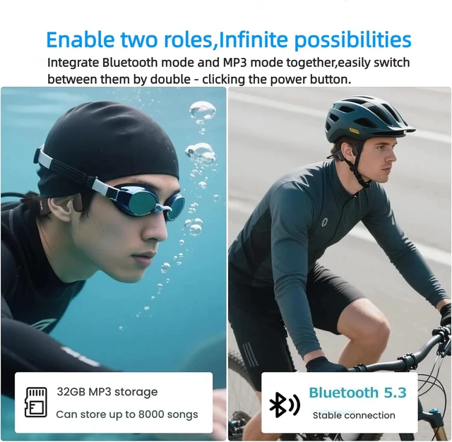 Alt view image 5 of 7 - Bone Conduction Swimming Headphones Wireless Underwater Earphones IPX8 Waterproof Bluetooth headsets Built in 32GB MP3 Player Long Lasting Battery for Swimming Running Cycling and Workouts
