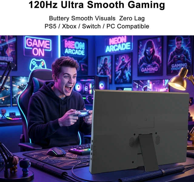 Alt view image 2 of 7 - 18.5" Large Portable Monitor IPS 120Hz USB-C HDMI Monitors Travel Display Built-in Stand Ultra-Thin Second Screen for Laptop PC Mac Phone PS5 Xbox Switch