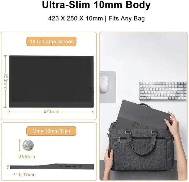 Alt view image 3 of 7 - 18.5" Large Portable Monitor IPS 120Hz USB-C HDMI Monitors Travel Display Built-in Stand Ultra-Thin Second Screen for Laptop PC Mac Phone PS5 Xbox Switch