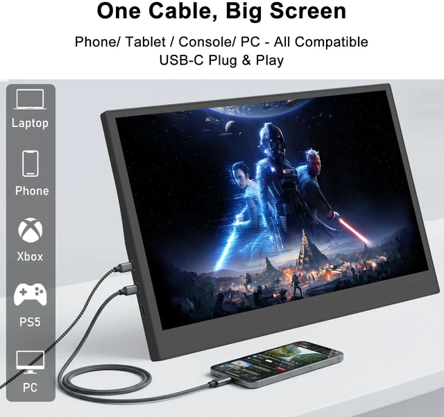 Alt view image 7 of 7 - 18.5" Large Portable Monitor IPS 120Hz USB-C HDMI Monitors Travel Display Built-in Stand Ultra-Thin Second Screen for Laptop PC Mac Phone PS5 Xbox Switch