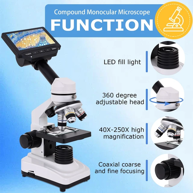 Alt view image 2 of 7 - Microscope for Kids & Adults, 40X-2500X High-Power Compound Microscope for Students (Gray White)
