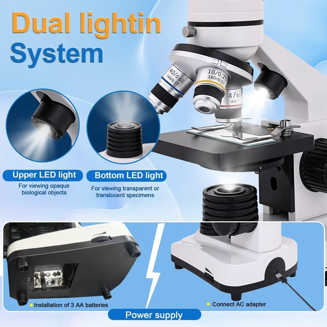 Alt view image 5 of 7 - Microscope for Kids & Adults, 40X-2500X High-Power Compound Microscope for Students (Gray White)