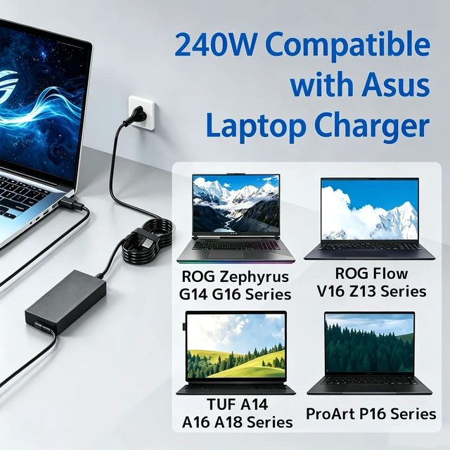 Alt view image 5 of 7 - 240W Charger A20-240p1a Fit for Asus ROG Zephyrus G14 GA403 TUF A14 Laptop ROG Zephyrus G14 G16 (2024 2025) GA605 GU605 TUF A14 A16 A15 FA401 FA608 ProArt P16 H7606 Flow V16 Z13 Strix AC Adapter Power