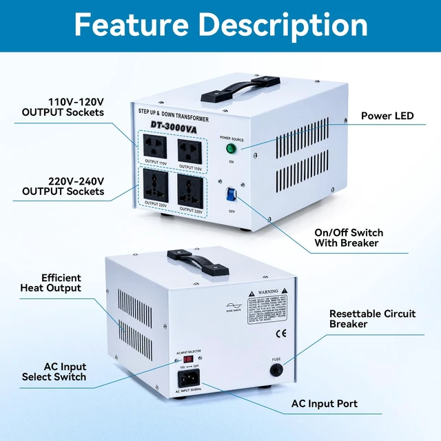 Alt view image 3 of 7 - 3000W Step Up/Down Voltage Transformer, 110V/120V & 220V/240V Power Converter, 4 Outlets Toroidal Regulator, Overload Overheat Protection for Home, Travel and Global Household Devices