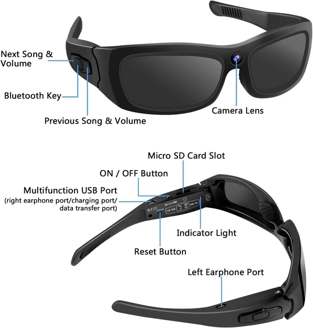 Alt view image 7 of 7 - Sunglasses Camera HD 1080P Sport Camera, Sunglasses Videocamera, Bluetooth Sunglasses Cycling Sport Video Camera with Loop Recording and Earphones