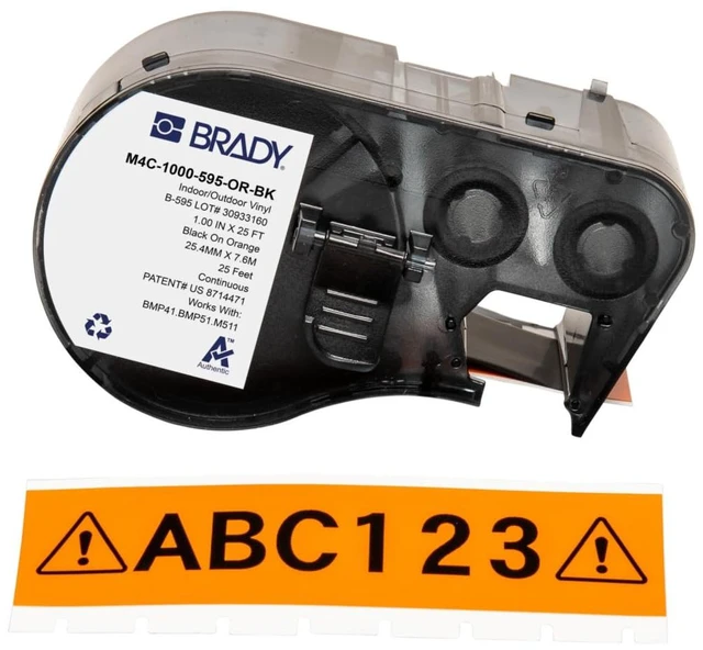 Main image of Authentic (M4C-1000-595-OR-BK) All-Weather Vinyl Labels 1 in W x 25ft Black on Orange. for use with BMP41, BMP51, M410, M510, and M511 Label Printers