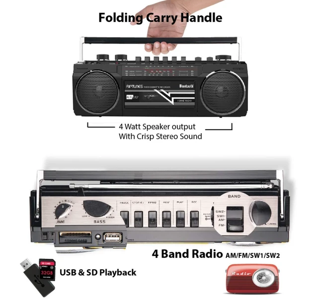 Alt view image 4 of 7 - Cassette Boombox, Retro Blueooth Boombox, Cassette Player and Recorder, AM/FM/SW-1-SW2 Radio-4-Band Radio, USB, SD, and Aux in, Black