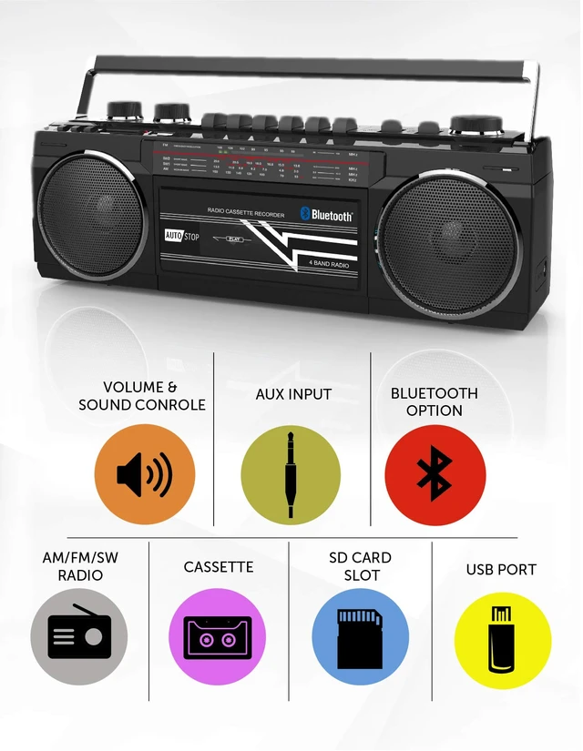Alt view image 2 of 7 - Cassette Boombox, Retro Blueooth Boombox, Cassette Player and Recorder, AM/FM/SW-1-SW2 Radio-4-Band Radio, USB, SD, and Aux in, Black