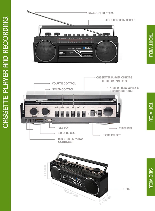 Alt view image 5 of 7 - Cassette Boombox, Retro Blueooth Boombox, Cassette Player and Recorder, AM/FM/SW-1-SW2 Radio-4-Band Radio, USB, SD, and Aux in, Black