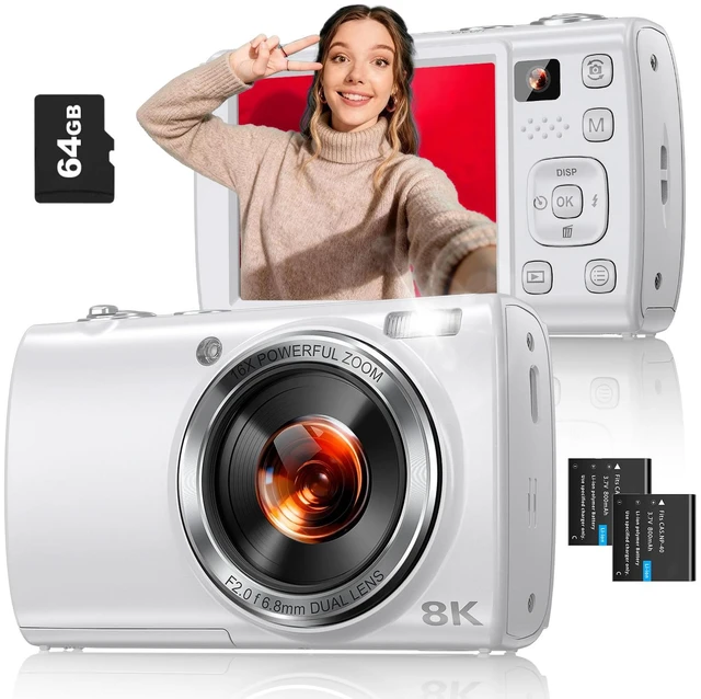 Main image of 8K Digital Camera for Photography, with WiFi, Front Rear Lens(White) 88MP, Autofocus, Touch Screen, 16X Zoom, Flash, Vlogging Camera for YouTube & Travel, 64GB Card, 2 Batteries
