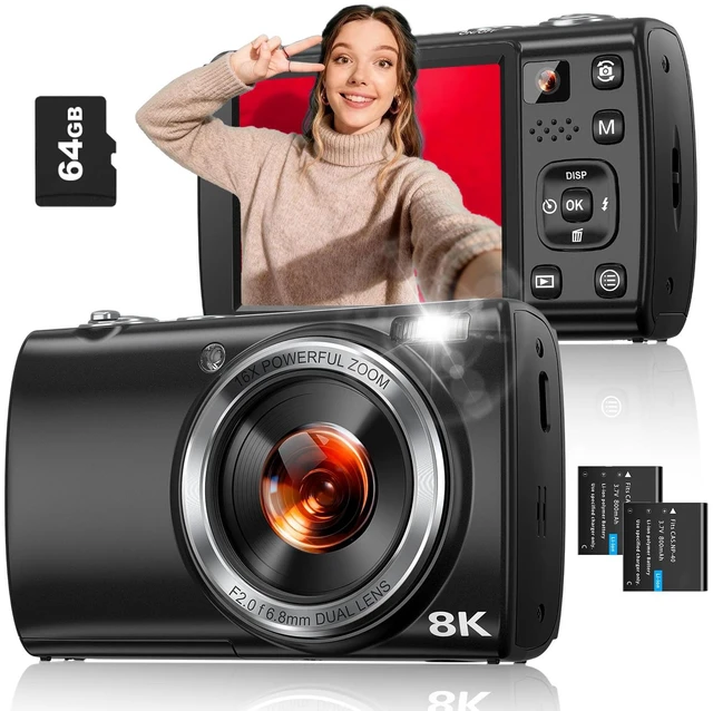 Main image of 8K Digital Camera for Photography, with WiFi, Front Rear Lens(Black) 88MP, Autofocus, Touch Screen, 16X Zoom, Flash, Vlogging Camera for YouTube & Travel, 64GB Card, 2 Batteries