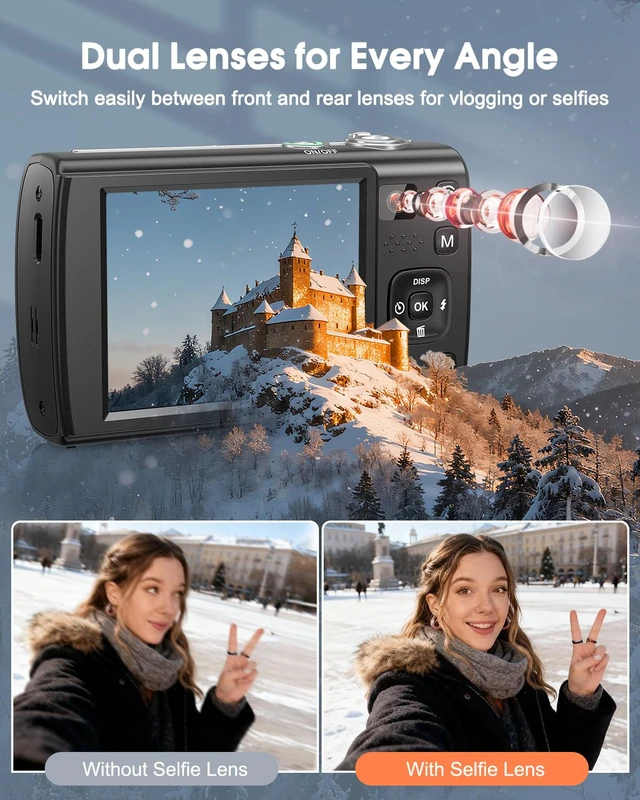 Alt view image 3 of 7 - 8K Digital Camera for Photography, with WiFi, Front Rear Lens(Black) 88MP, Autofocus, Touch Screen, 16X Zoom, Flash, Vlogging Camera for YouTube & Travel, 64GB Card, 2 Batteries