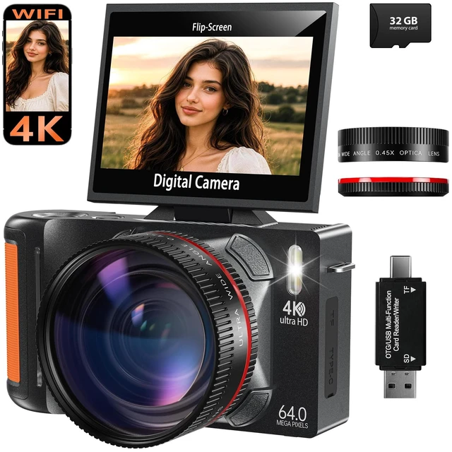 Main image of 4K 64MP WiFi Digital Camera with Flip Screen, Autofocus, 18X Zoom, Black Vlogging Camera for Beginners, Compact Travel Camera with Wide-Angle & Macro Lenses, Gift for Teens