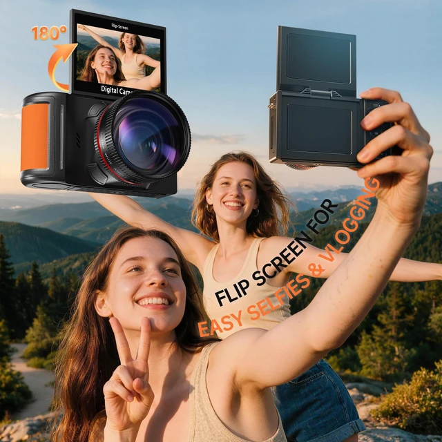 Alt view image 4 of 7 - 4K 64MP WiFi Digital Camera with Flip Screen, Autofocus, 18X Zoom, Black Vlogging Camera for Beginners, Compact Travel Camera with Wide-Angle & Macro Lenses, Gift for Teens