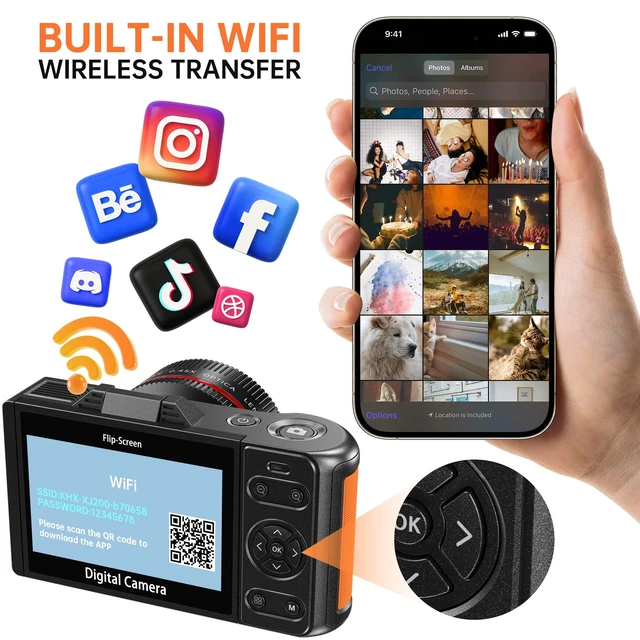 Alt view image 6 of 7 - 4K 64MP WiFi Digital Camera with Flip Screen, Autofocus, 18X Zoom, Black Vlogging Camera for Beginners, Compact Travel Camera with Wide-Angle & Macro Lenses, Gift for Teens