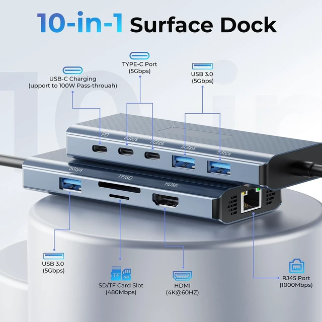 Alt view image 3 of 7 - Surface Docking Station 4K HDMI Display, 10-in-1 Surface Pro Dock with Power Supply for Microsoft Surface Pro 12/11/10/9/8/7/6/5/4/3, Surface Laptop 7/6/5/4, Surface Go/Book/Laptop Go