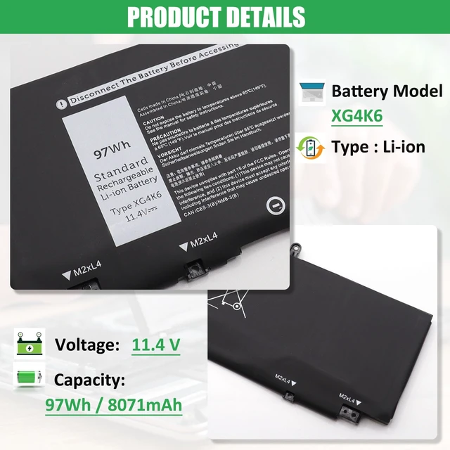 Alt view image 2 of 7 - XG4K6 Battery Replacement for Dell XPS 17 9700 9710 9720 9730 For Precision 5750 5760 5770, P92F P92F001 P92F002 P92F003 01RR3 F8CPG OF8CPG 5XJ6R KVPMY 0YY3V KRDHV, 11.4V 97Wh 8071mAh
