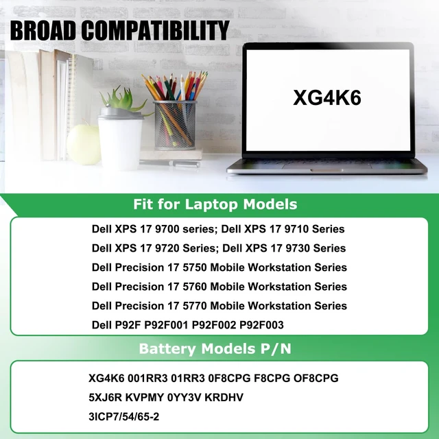 Alt view image 3 of 7 - XG4K6 Battery Replacement for Dell XPS 17 9700 9710 9720 9730 For Precision 5750 5760 5770, P92F P92F001 P92F002 P92F003 01RR3 F8CPG OF8CPG 5XJ6R KVPMY 0YY3V KRDHV, 11.4V 97Wh 8071mAh