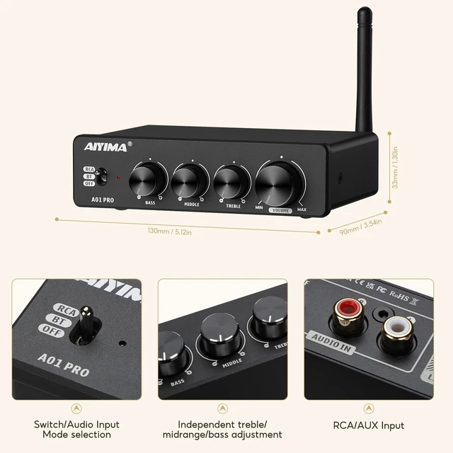 Alt view image 5 of 7 - A01 Pro 100W x 2 Power Amplifier Bluetooth 5.1 Class D Amp TPA3116 2.0/2.1 Channel Stereo Amplifier Receiver Mini Speaker Amp with 3.5mm AUX Output + DC24V Power Adapter Black