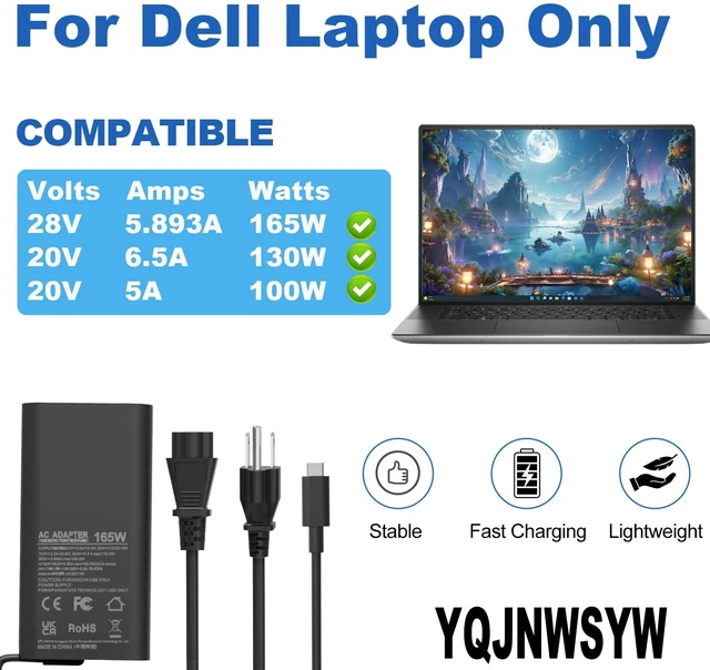 Alt view image 3 of 6 - 165W Type C Charger Compatible with Dell Pro Max 16 18 Plus MB16250 MB18250 Precision 5680 5690 Power Supply HA165PM210 LA165PM210 Laptop Charger