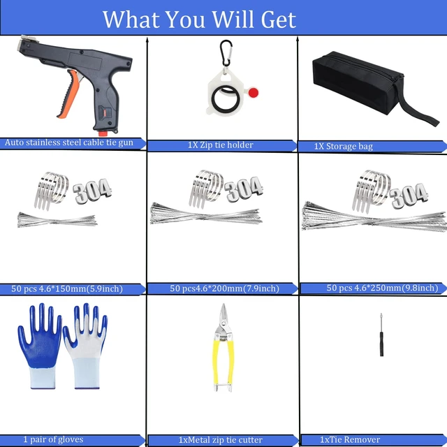 Alt view image 3 of 7 - Automatic Metal Zip Ties Cutter Stainless Steel Cable Tie Gun Kit9-level Adjustable Fastening Tension Automatic Tightening Cutting Ratchet Tie ClampWith 150pcs 304 Stainless Steel Zip Ties