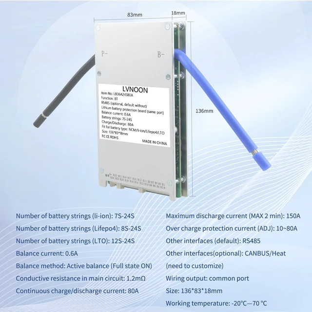Alt view image 3 of 7 - LB06A Smart Active Balancer BMS Lithium Battery Protection Board for Li-ion NCM LFP LiFePo4 Battery Management System 7S 10S 12S 16S 20S 21S 24S 80A 48V 60V 72V with APP Control (7-24S, 80A)