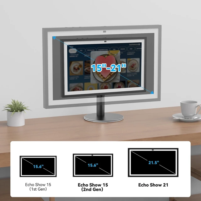 Alt view image 2 of 7 - Riser Stand for Echo Show 21, Show 15 1st/2nd Gen, Swivel and Tilt Adjustable Height Stand with Non-slip Base, Sturdy Aluminum Table Holder for Kitchen, Easy Screw Assembly