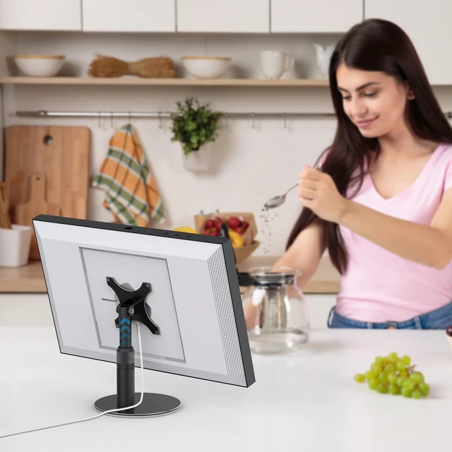 Alt view image 7 of 7 - Riser Stand for Echo Show 21, Show 15 1st/2nd Gen, Swivel and Tilt Adjustable Height Stand with Non-slip Base, Sturdy Aluminum Table Holder for Kitchen, Easy Screw Assembly
