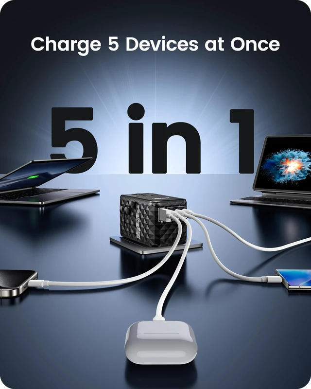 Alt view image 7 of 7 - 140W International Travel Adapter, GaN Universal Travel Adapter with 1 USB-A & 3 Type C Power Adapter, Fast Charger for Phone,Laptops, Worldwide Plug Adapter for USA/UK/EU/AUS, Black